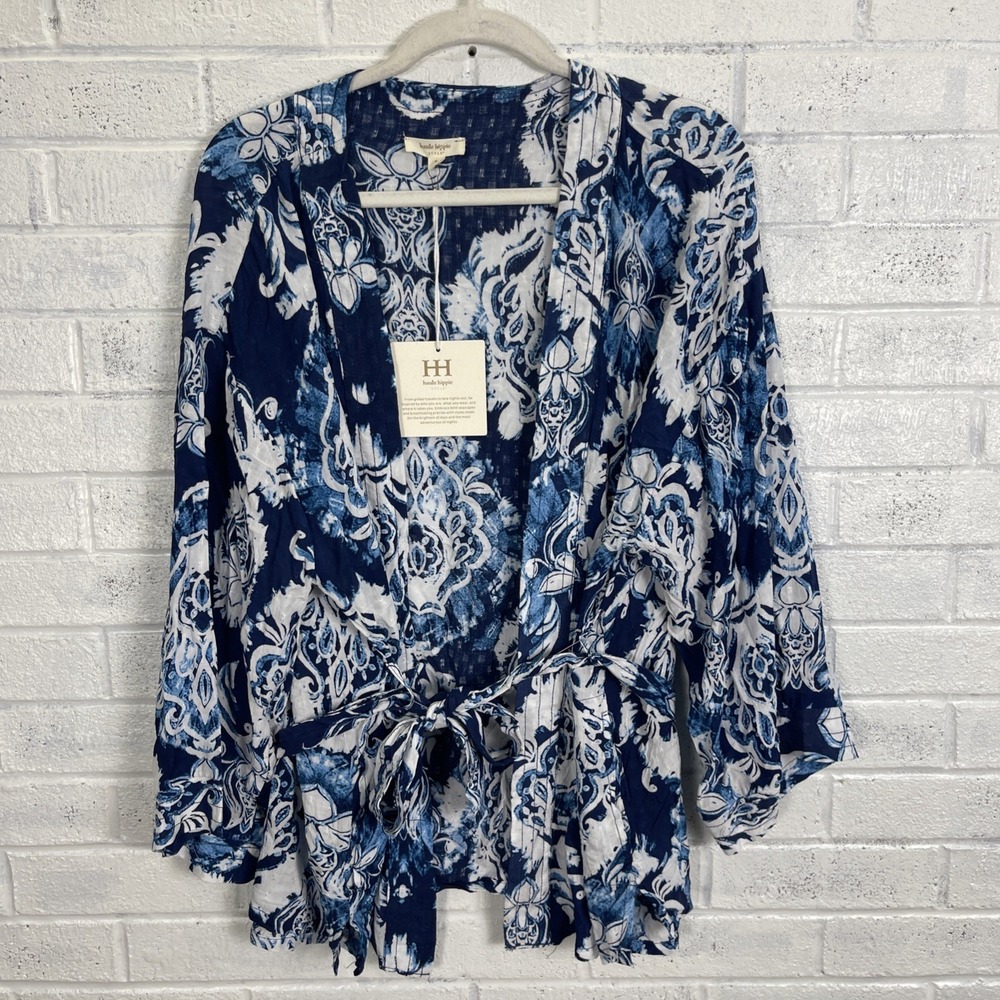 Haute Hippie Tie Waist Boho Top Womens S Blue White Abstract Print Coastal